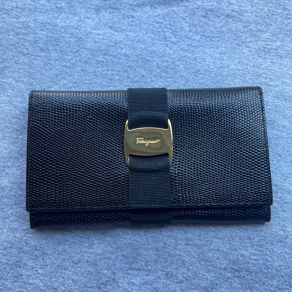 EUC Ferragamo Long Black Leather Wallet